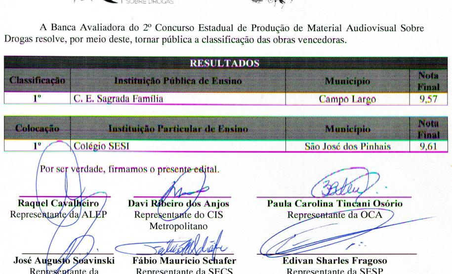 Resultado do 2º Concurso Estadual de Produção de Material Audiovisual sobre Drogas